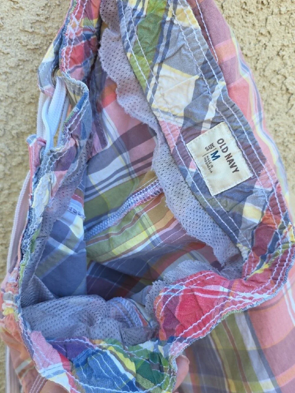 Plaid Drawstring Swim Trunks in Coral, Blue & Yellow
